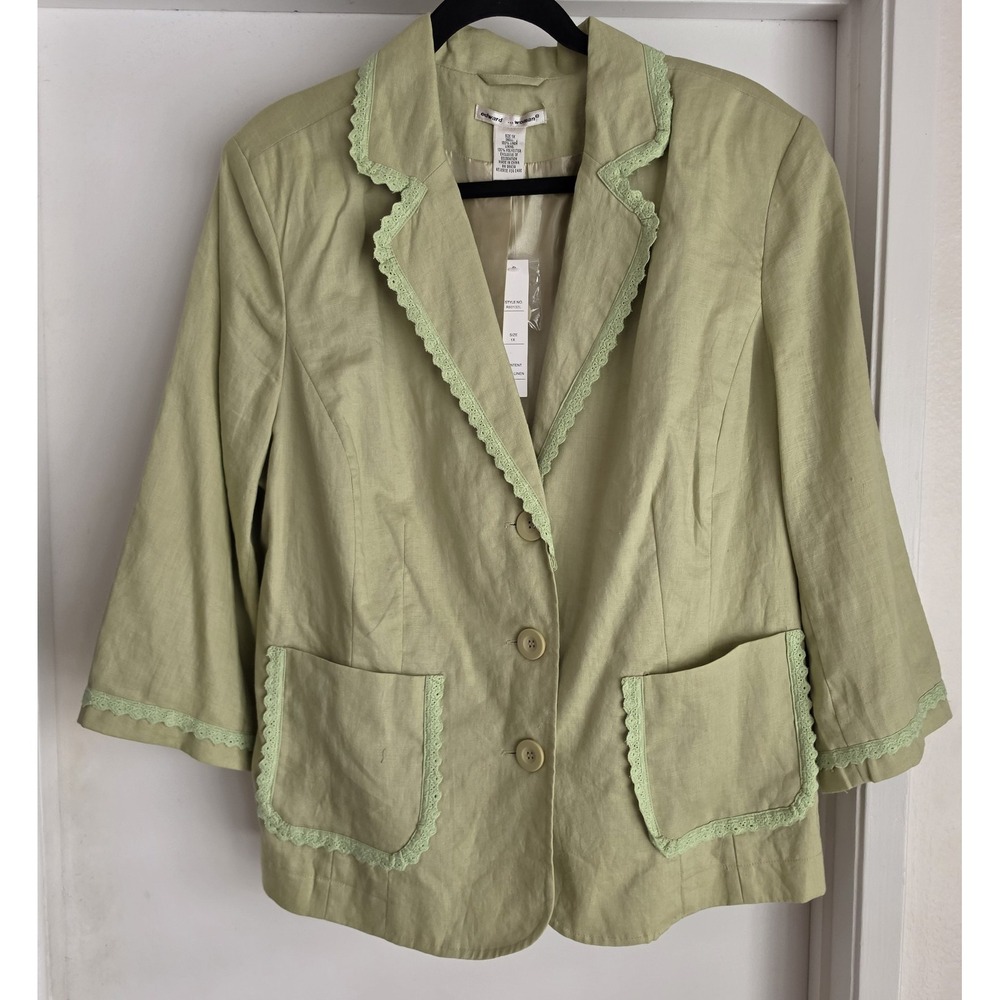 Edward Woman Blazer 1X Green 3/4 Sleeve Women's Linen Jacket Lace Details NWT